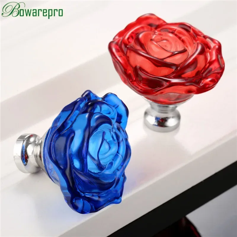 Furniture Hardware Suppliers - bowarepro 50 mm Kristall-Ros-Glasgriff, Schrankknopf, Schubladengriff,